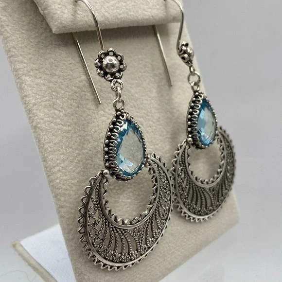 Hand Crafted Sterling Silver Blue Topaz Gemstone Earrings Pierced - Picture 3 of 12